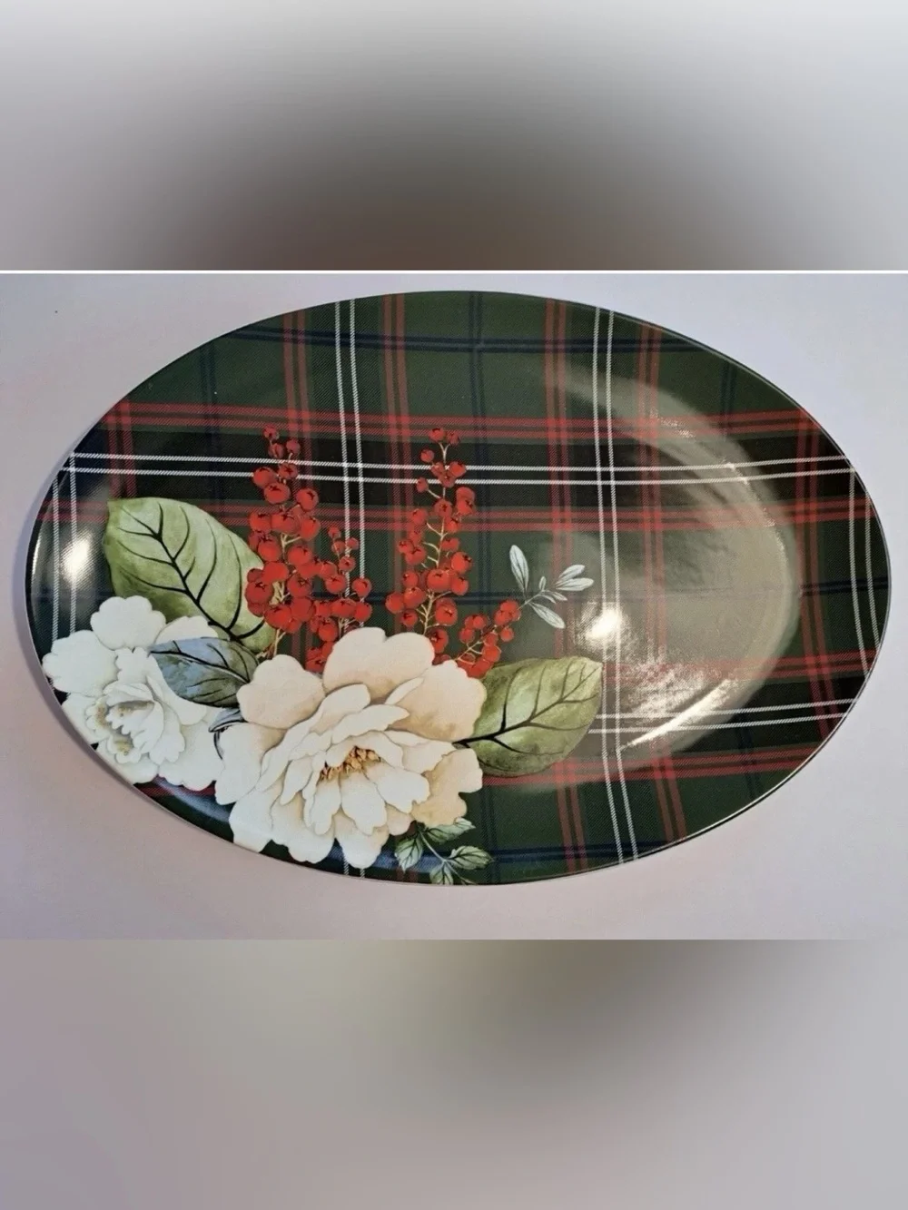 Williams Sonoma Green Botanical Plaid Oval Serving Platter Christmas NEW